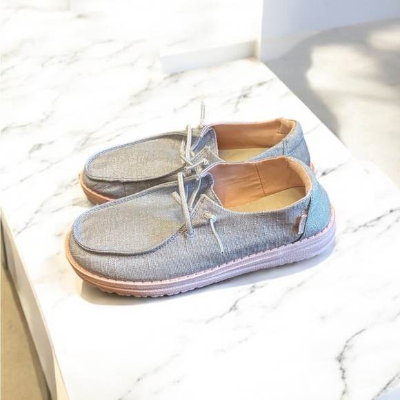 Hey Dude Wendy Gray Sparkle Loafers Slip-Ons with Canvas Comfort - Picture 2 of 8